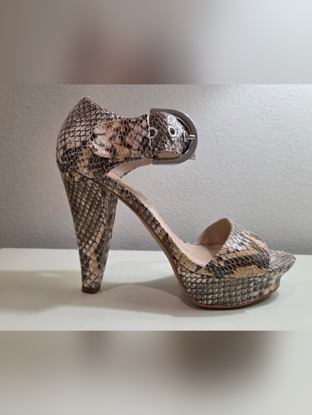 Franco Sarto Snakeskin Platform Ankle-Strap Heels in Tan and Deep Grey-brown 6M